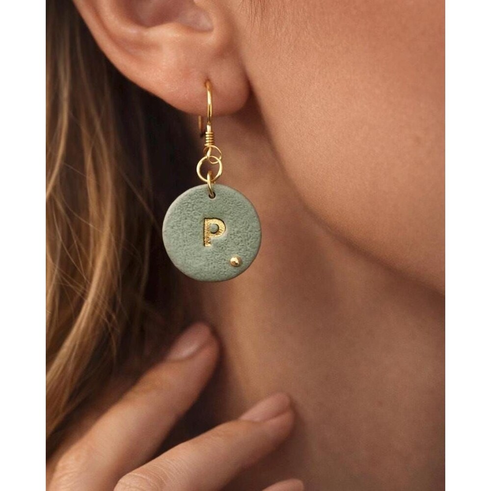Sage Green Polymer Clay Initial Earrings, Gold Letter Gift for Her